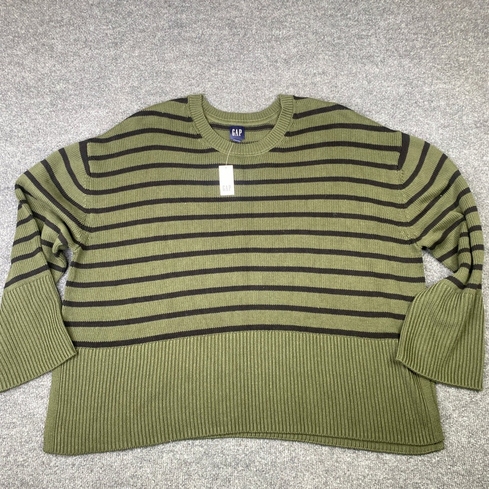Gap Women XL Olive Green Navy Striped Crewneck Ribbed Sweater 661219-05-1